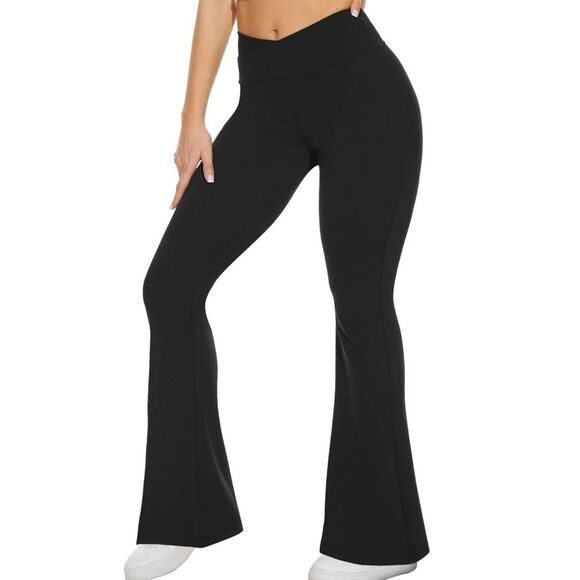 NWOT Large Black Flare Leggings for Women, Crossover Yoga Pants with Flared Legs - Picture 1 of 6